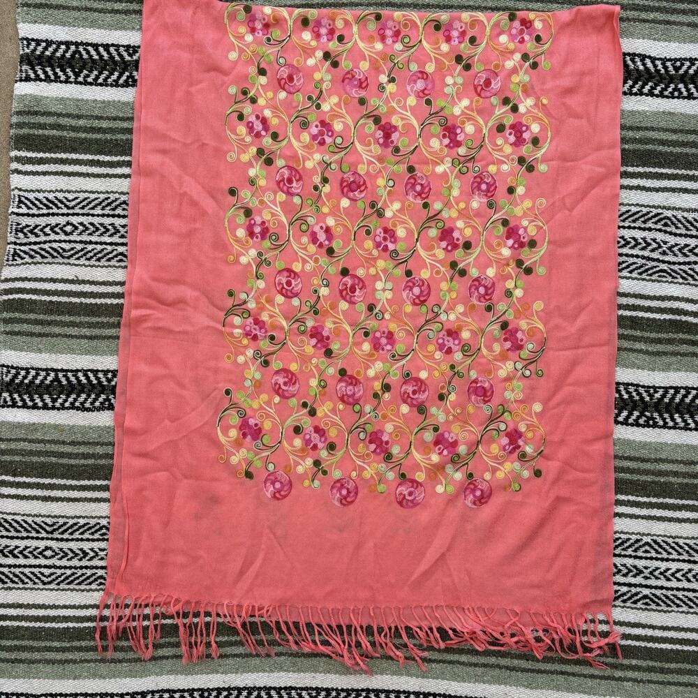 Intricate Floral Rose Embroidered Light Weight Summer Shawl Scarf Wrap Coral